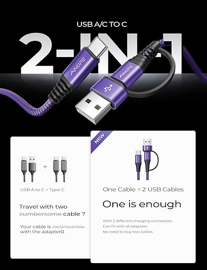 iPhone15 充電ケーブル タイプC USB-C & USB-C ケーブル 全2種 /1本 パープル 急速充電 データ転送 iPhone / MacBook / iPad /Google Pixel / Galaxy 対応