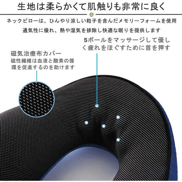 即納 ネックピロー ネッククッション U型 ダークブルー 低反発 ネックスタンド まくら 昼寝 首枕 トラベル 旅行用 安眠 遮光 快眠 サポート 3