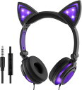 ヘッドフォン ヘッドホン ヘッドセット キッズ 子供用 ネコ耳 猫 ブラック/パープル 3.5mmアダプタ 有線 折りたたみ式 小型 LED付き スマホ タブレ...