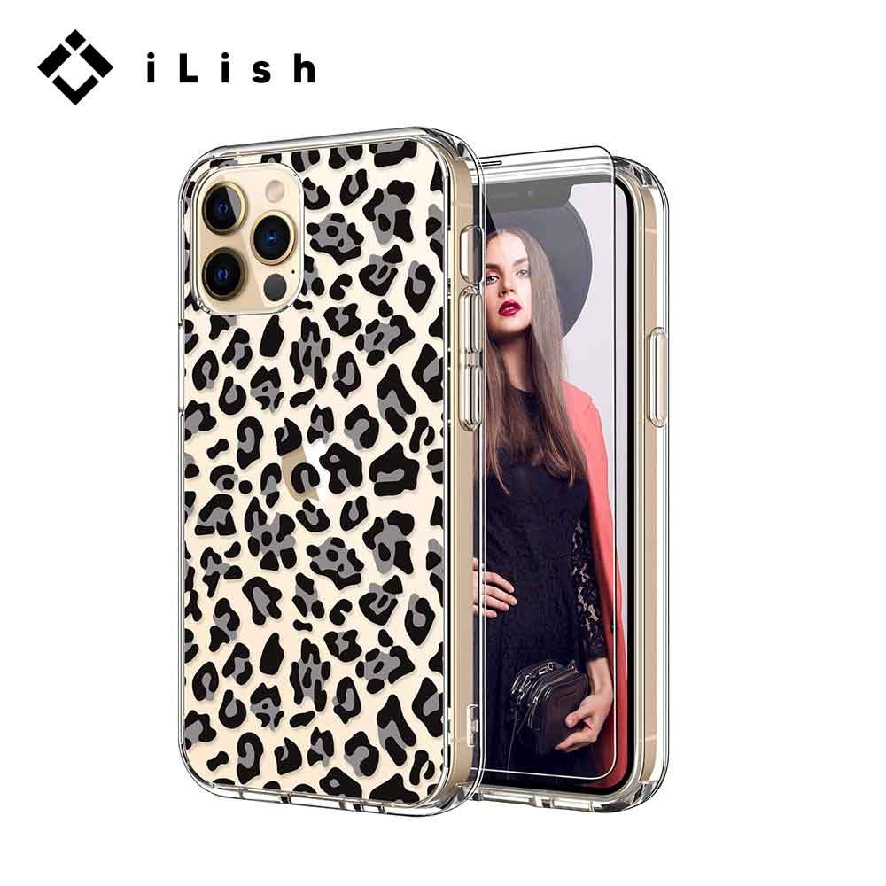 樂天商城 - iLish アイリッシュ iPhone 12/12Pro/12ProMax ケース スクリーンプロテクター付き グレー レオパード TPU カバー 日本未発売
