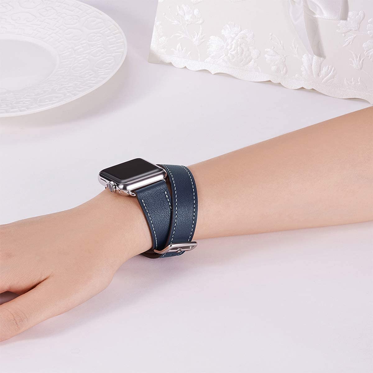 即納 Apple Watch アップルウォッチ 7/6/5/4/3/2/1/SE 38/40/41mm 42/44/45mm 対応 シルバーアダプター/ダークブルー 2重巻き レザー ベルト 本革 AppleWatch ストラップ