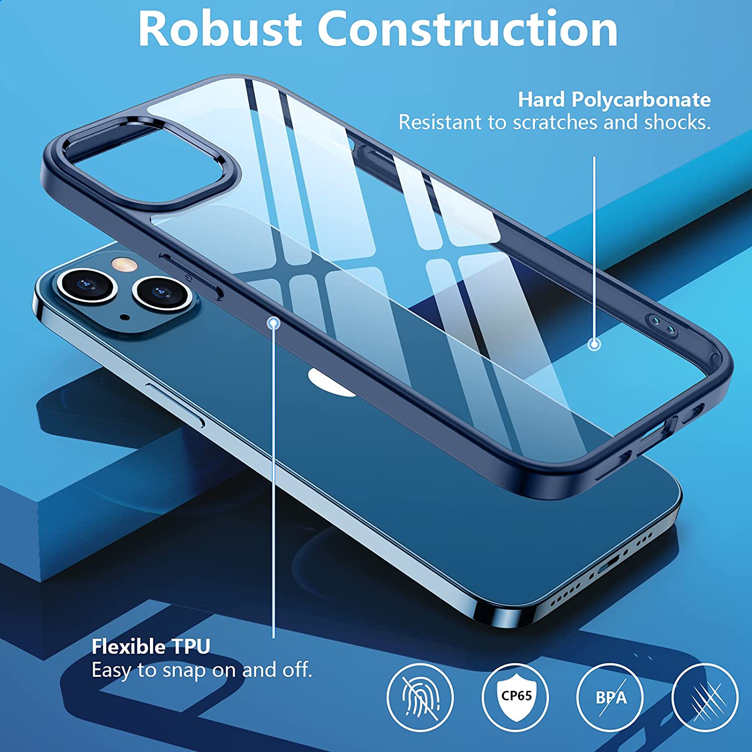 iPhone 13/13Pro/13ProMax/13mini ケース カバー 耐衝撃 薄型 保護 傷防止 クリア/ブルー ポイント消化