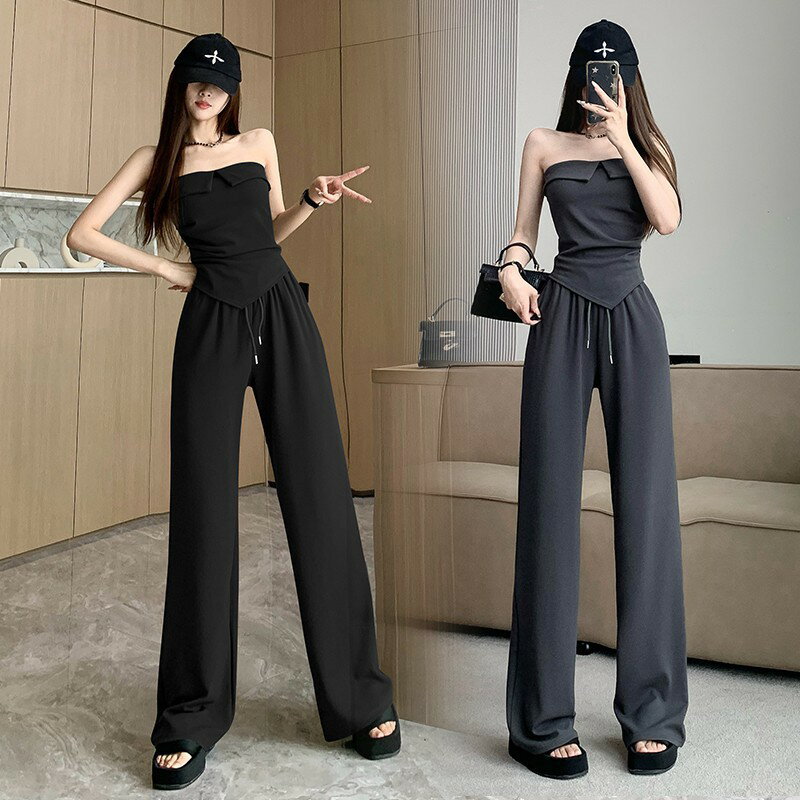 【まとめクーポン2000円最大利用可能】セットアップ チューブトップ スリット ワイドパンツ ミディ丈 デザイン性