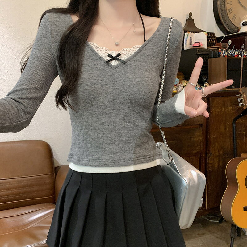 【まとめクーポン2000円最大利用可能】Tシャツ 長袖 レース Vネック レディース 春秋 新作 インナー インナー ハイウエスト ショート丈 トップス