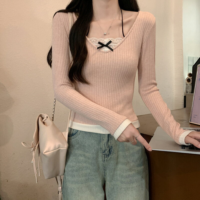 【まとめクーポン2000円最大利用可能】Tシャツ 長袖 レース Vネック レディース 春秋 新作 インナー インナー ハイウエスト ショート丈 トップス