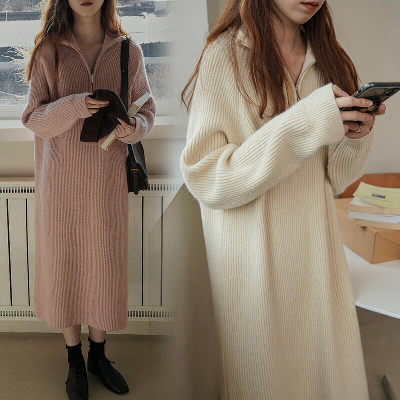 【P10&最大600円OFF】ワンピース 冬 新作 ファッション ジップ ハイネック 無地 ニット レディース 厚手 ミディアム