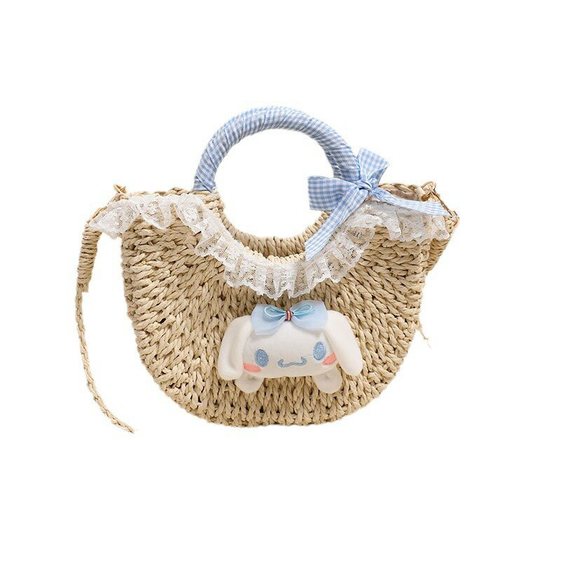 【最大2000円まとめクーポン利用可】草編バッグ 半円 手提げ かわいい 玉桂狗 カートゥーン 斜め掛け リゾート ビーチ バッグ レディース コットン素材 夏用