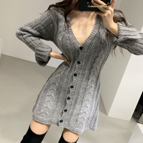 【最大2000円まとめクーポン利用可】ニットドレス 深V セクシー マルチカラー 編み込み 短スカート 長袖 秋冬 レディース 体型カバー おしゃれ