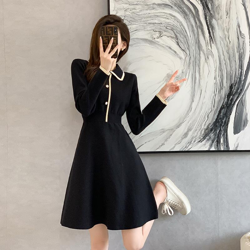 ワンピース ブラック 秋 新品 長袖 ハイウエスト Aライン インナー ニット