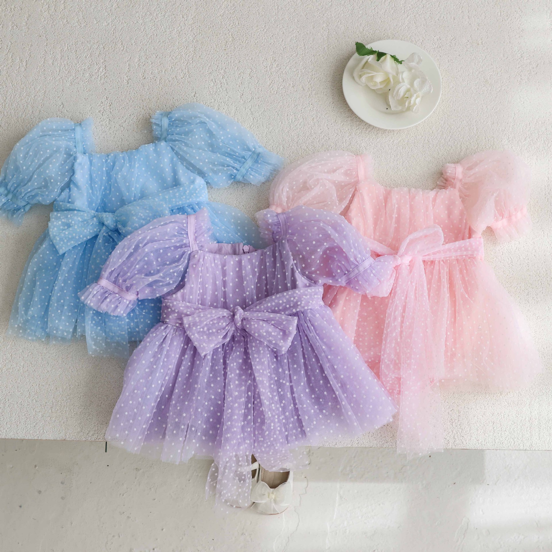 【GW限定15％OFFクーポン有】女の子用 ワンピース 泡袖 網タイ 夏用 ドット プリンセス フォーマル 衣装 ベビー パーティー ドレス