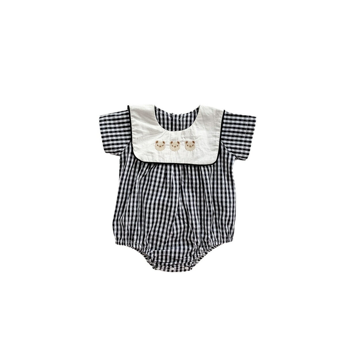 【GW限定15％OFFクーポン有】ベビー つなぎ服 夏季 おしゃれ チェック柄 刺繍 くま サロペット 方形ネック 赤ちゃん 外出用 服