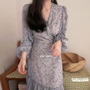 【GW限定15%OFFクーポン有】フレア ワンピース レディース 春 用 Vネック クロス ウエスト シフォン 花柄 柔らかい ファッション