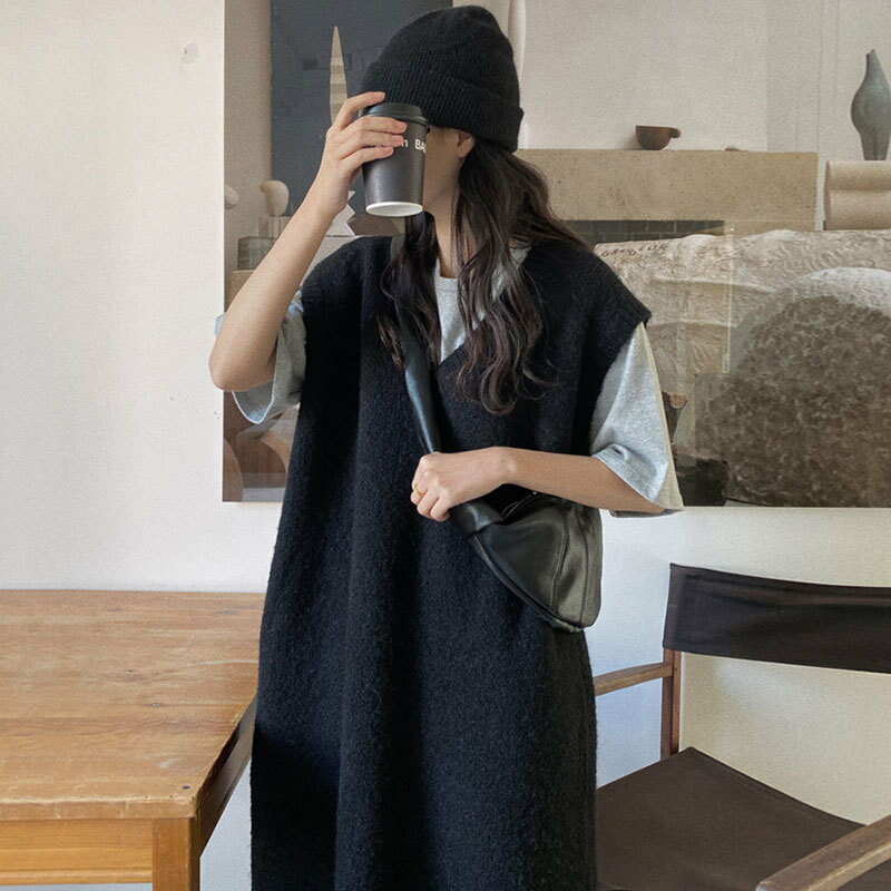 【最大2000円まとめクーポン利用可】秋季 休 ワンピース 無地 Vネック ニット ベスト レディース