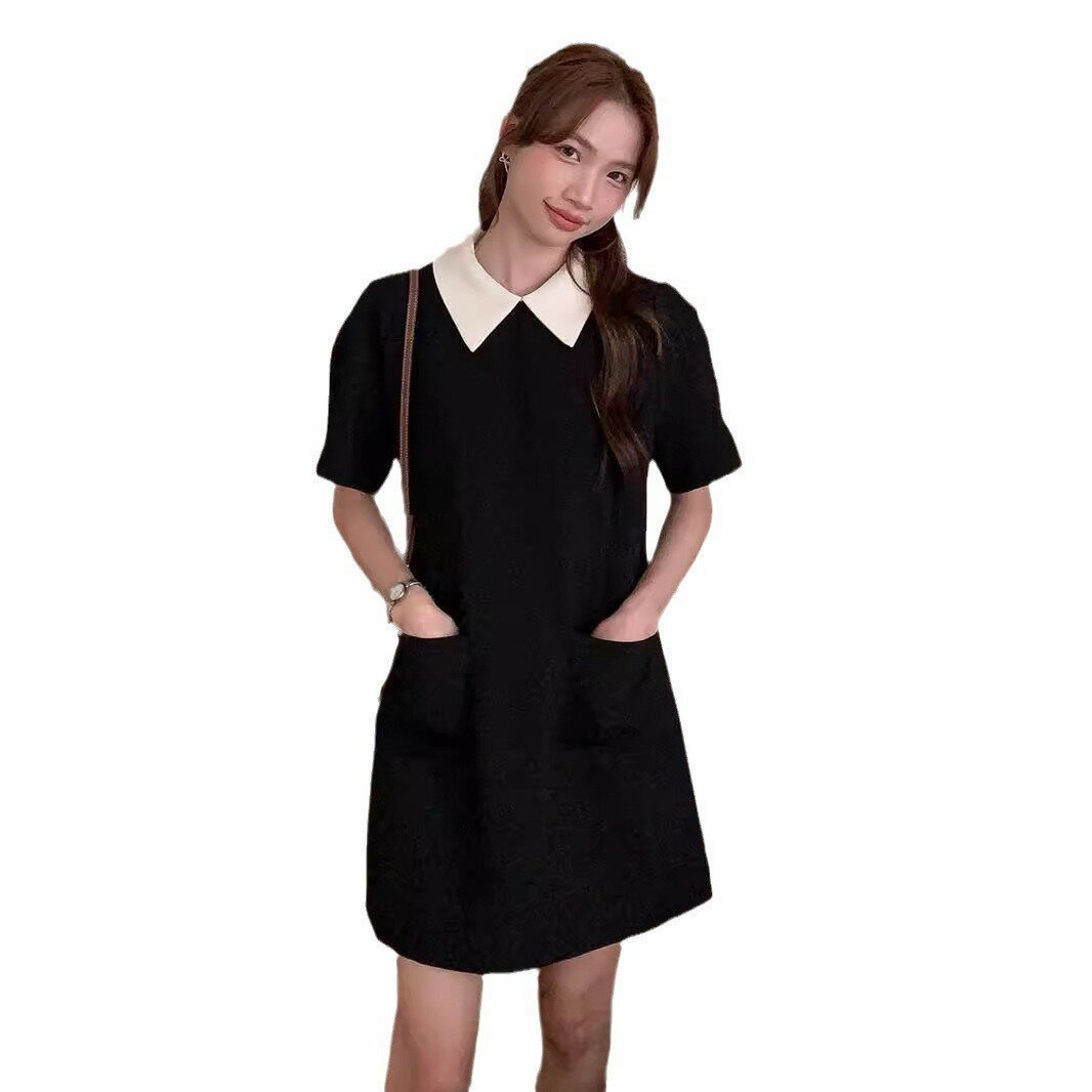 ドレス 夏 夏服 レトロ ポロ襟 ハイウエスト ショートスリーブ Aライン 小柄 レディース