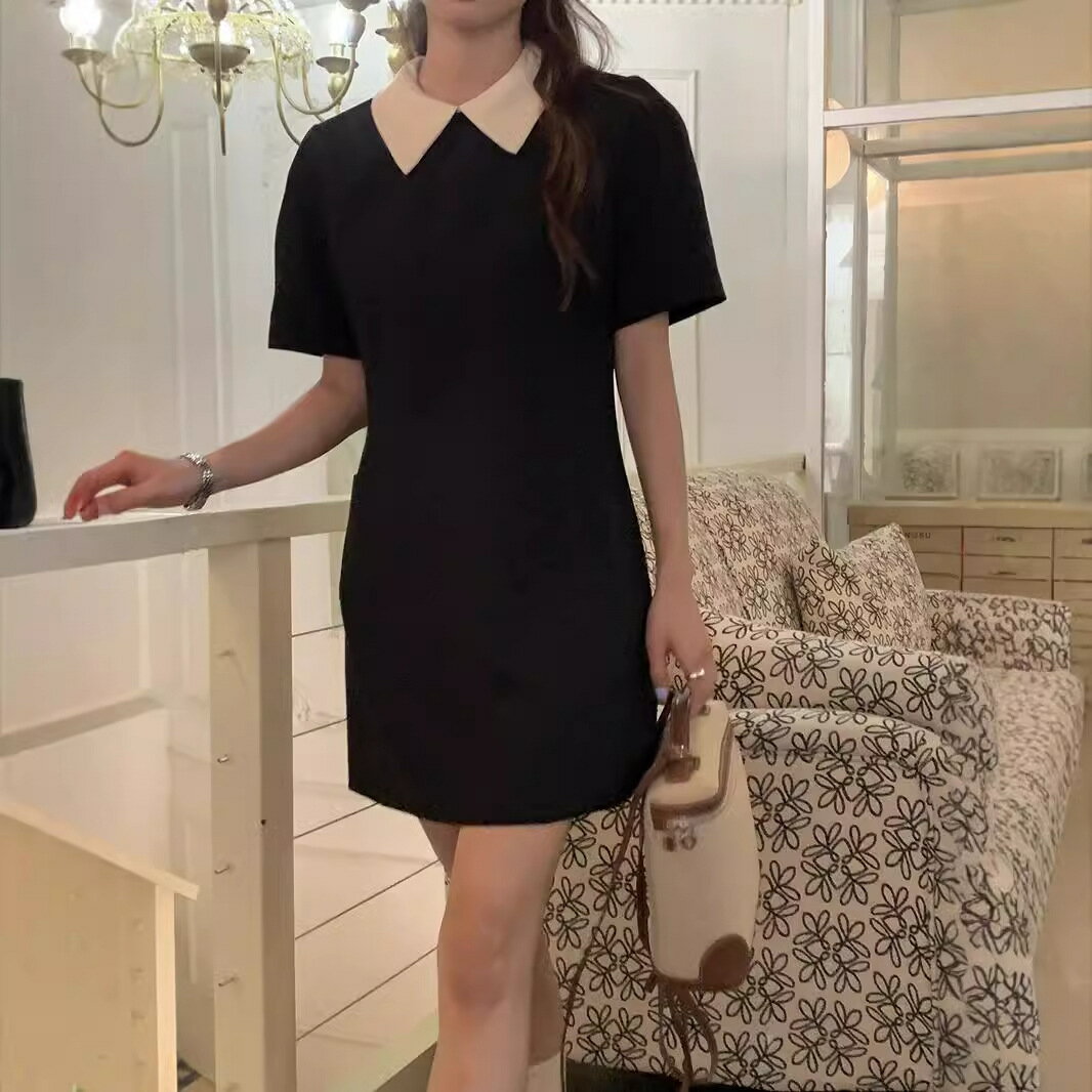 ドレス 夏 夏服 レトロ ポロ襟 ハイウエスト ショートスリーブ Aライン 小柄 レディース