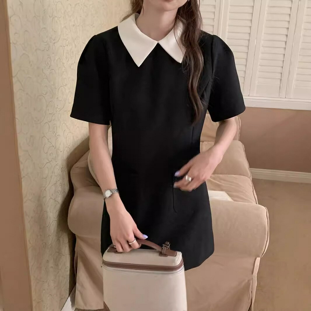 ドレス 夏 夏服 レトロ ポロ襟 ハイウエスト ショートスリーブ Aライン 小柄 レディース