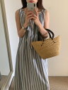 【GW限定15%OFFクーポン有】中長丈ノースリーブストライプワンピース レディース 夏季 清涼 ファッション エレガント スリム