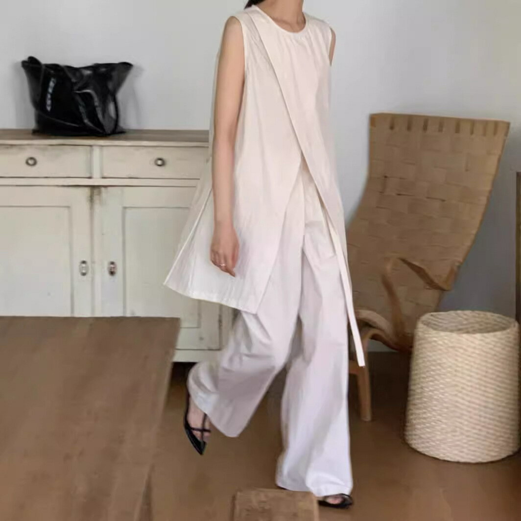 上衣 無袖 デザイン 開叉 夏季 セットアップ ハイウエスト ワイドパンツ ファッション レトロ 気質