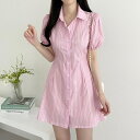 【GW限定15%OFFクーポン有】レディース 衣類 夏の シャツドレス ストライプ デザイン 体型カバー ひも付き 膝丈 パフスリーブ