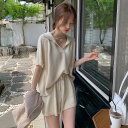 【GW限定15%OFFクーポン有】ニット トップス セットアップ 半開き 襟 秋季 フランス風 ルーズ ショートパンツ