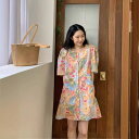 【GW限定15%OFFクーポン有】リゾートドレス 小方 バイカラー 油彩プリント 落ち着いた ショートドレス