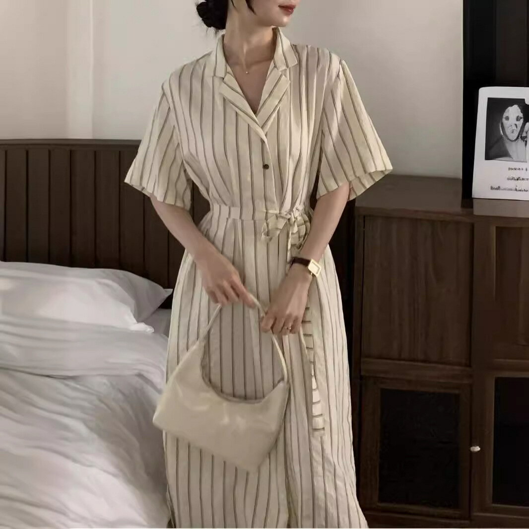 【最大21％OFF夏セールまとめクーポン有】ワンピース フレンチ レトロ ストライプ コーディネート ゆったり ウエスト 引き締め 春夏 ファッション