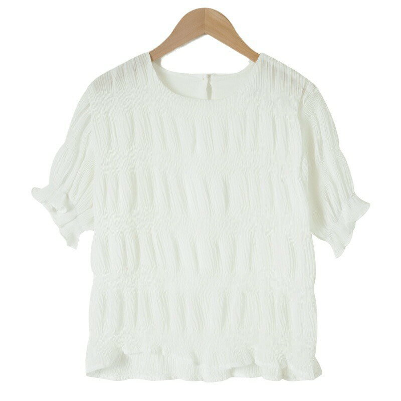 【最大15％OFFお買い物マラソン限定】夏季 褶感 シャーリング 半袖 Tシャツ シャツ 無地 レデ