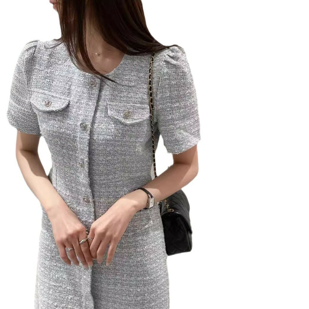 【まとめクーポン2000円最大利用可能】ドレス フランス風 ラウンドネック バブルスリーブ メタルボタン スリムフィット 粗糸 ツイード