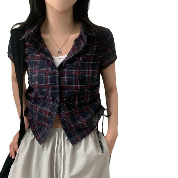 【最大15％OFFお買い物マラソン限定】シャツ 半袖 スカラップ ウエスト締め 抽褶 短丈 チェック