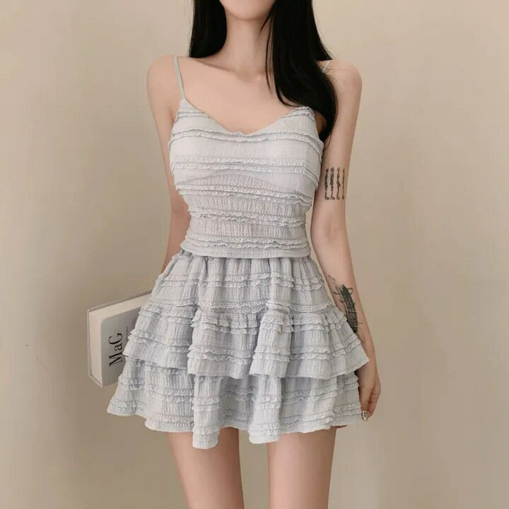 【最大15%OFFお買い物マラソン限定】レディース 吊り下げトップス 夏季 木耳辺 フリル ショートパンツ スカートセット コーディネート