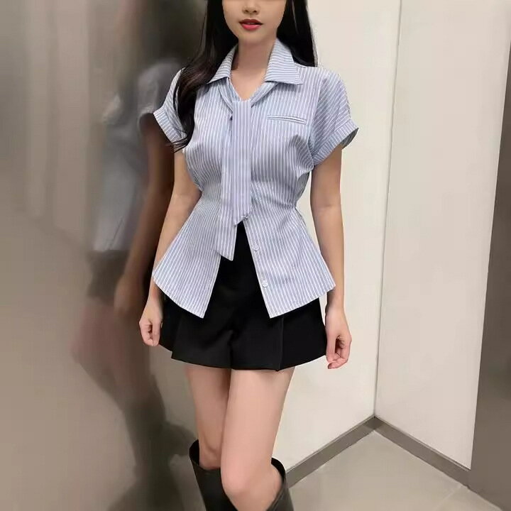 【最大15％OFFお買い物マラソン限定】シャツ 女性 蝶結び ウエストシェイプ 夏 おしゃれ レトロ