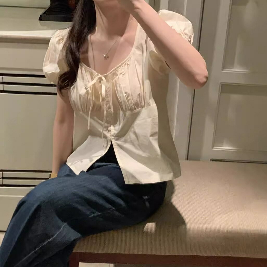 レディース シャツ 褶デザイン ボタン付き フレンチスリーブ 夏服