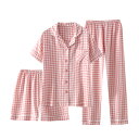 パジャマ セットアップ 夏用 レディース 半袖 綿 ガーゼ 日本風 シンプル チェック柄 薄手 ルームウェア 三点セット