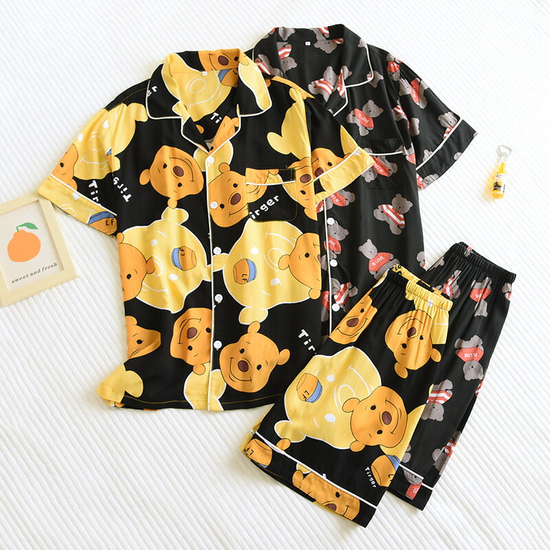 【GW限定15％OFFクーポン有】夏季 スリーピングウェア カーディガン 男性用 薄手 短袖 短パン ジャパン スタイル カートゥーン 人造綿 外出可 部屋着 セットアップ