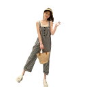 【GW限定15%OFFクーポン有】フリートップ ワイド サロペットパンツ 夏 チェック柄 綿 女性用 カジュアル リラックス 大きいサイズ