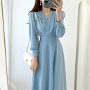 【GW限定15%OFFクーポン有】ドレス Vネック 交差 フリル ウエストシェイプ 中長丈 バルーンスリーブ レディース エレガント