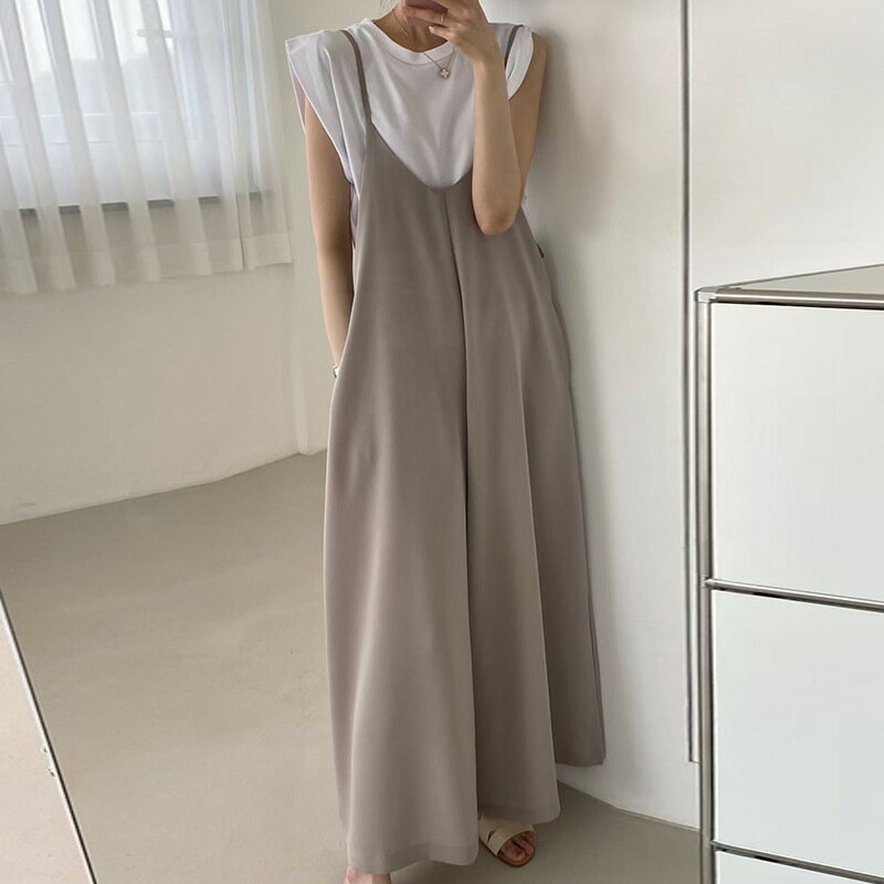 【最大2000円まとめクーポン利用可】リゾート用 サマー 着心地抜群 ショルダーストラップ オールインワン レディース さっぱり Vネック ワイドシルエット