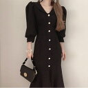 【GW限定15%OFFクーポン有】ドレス ミニ シンプル 翻 ウエスト絞り パフスリーブ フィッシュテール 女性用 ファッション