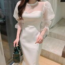 【GW限定15%OFFクーポン有】ワンピース ミディ丈 ラウンドネック ハイウエスト メッシュ切り替え 泡泡袖 マーメイドライン フランス風 春用 レディース