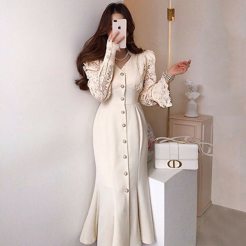 【P10&最大600円OFF】ドレス Vネック レース 切替 バルーンスリーブ シングルボタン 体型カバー マーメイド フィット 女優服