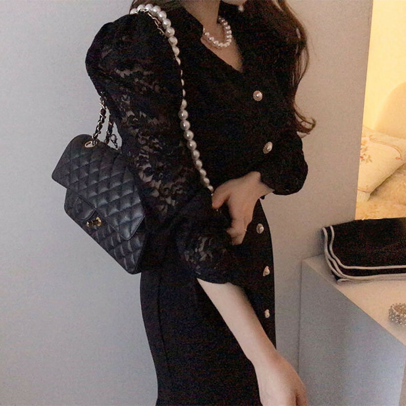 【P10&最大600円OFF】ドレス Vネック レース 切替 バルーンスリーブ シングルボタン 体型カバー マーメイド フィット 女優服