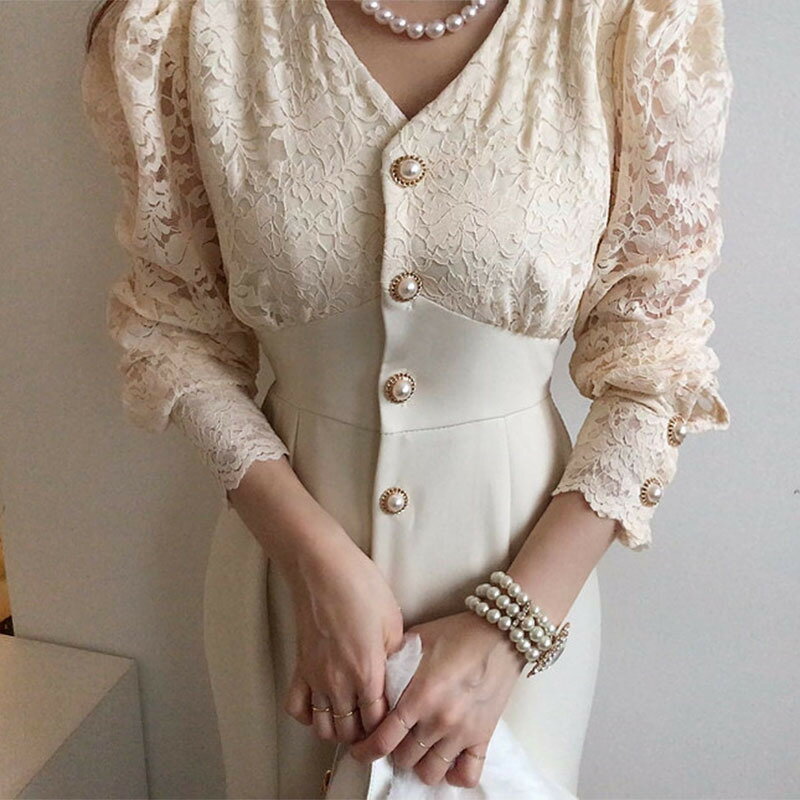 【P10&最大600円OFF】ドレス Vネック レース 切替 バルーンスリーブ シングルボタン 体型カバー マーメイド フィット 女優服