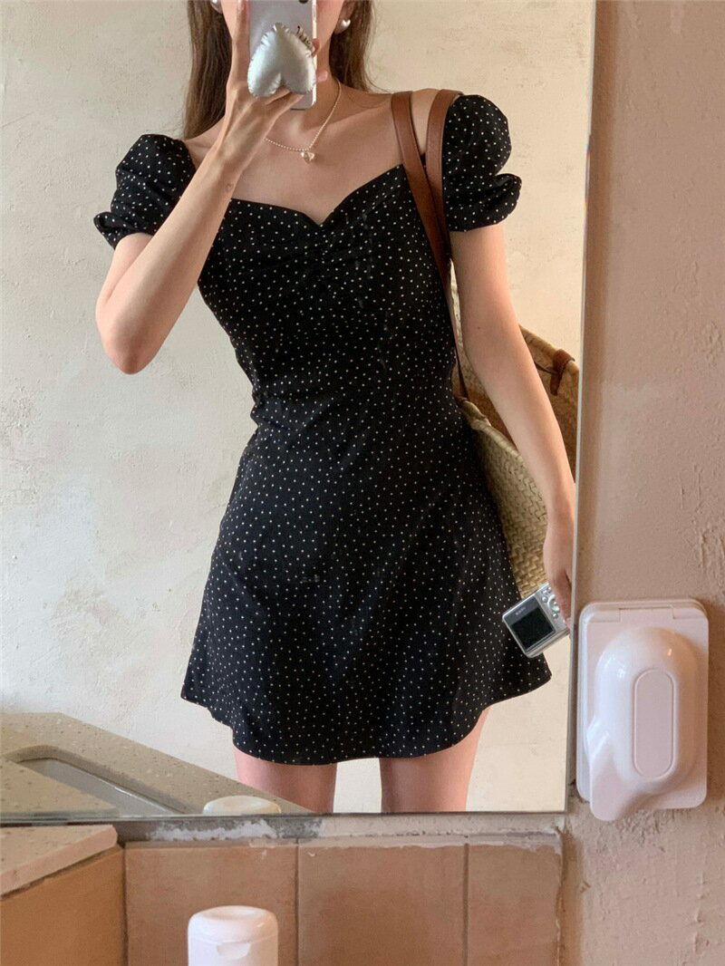 【最大2000円まとめクーポン利用可】ワンピース ドット柄 オフショルダー 夏 レトロ スリーブ 女性用 可愛い おしゃれ