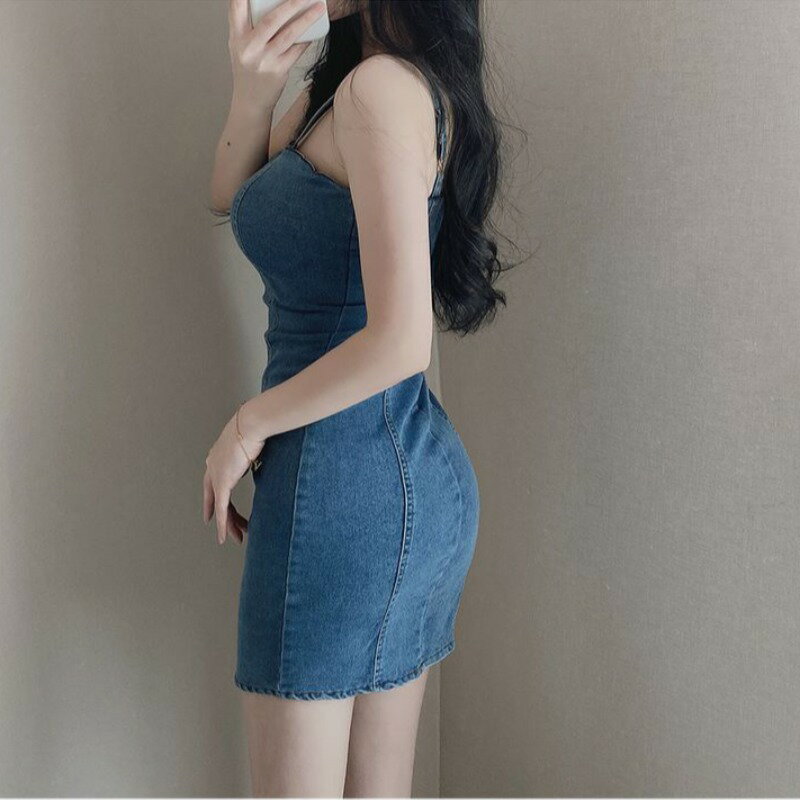 【最大2000円まとめクーポン利用可】ワンピース デニム Vネック キャミソール スリム効果 ハイウエスト セクシー ミニ丈 夏用 レディース