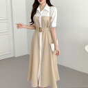【GW限定15%OFFクーポン有】夏季 レディース ワンピース 襟付き カラーブロック 体系カバー 半袖 シャツドレス