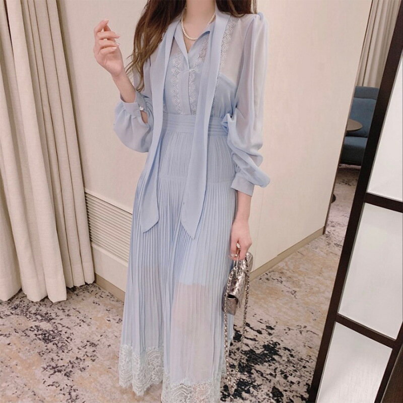 【最大2000円まとめクーポン利用可】春季ドレス レース フリル ウエスト収縮 バルーンスリーブ フェミニン エレガント トレンド