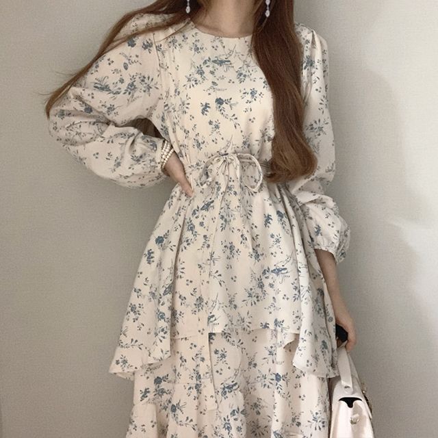 【最大2000円まとめクーポン利用可】ワンピース シフォン ラウンドネック 小花柄 不規則デザイン ダブルレイヤー スカラップ リボン付き 清新 春用 レディース