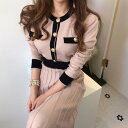 【GW限定15%OFFクーポン有】ニットワンピース 秋冬 レディース ハイウエスト ラウンドネック ボタン デザイン おしゃれ リボン付き カジュアル