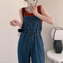 【GW限定15%OFFクーポン有】カジュアル 女子用 デニム オーバーオール ワイドレッグ 収束ウエスト ポケット付き 夏 コーディネート