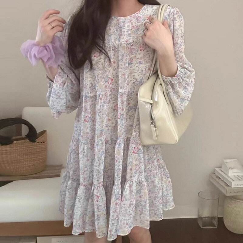 【まとめクーポン2000円最大利用可能】ドレス 春 柔らかい フラワーパターン リラックス 長袖 レディース カジュアル フリル ワイドシルエット